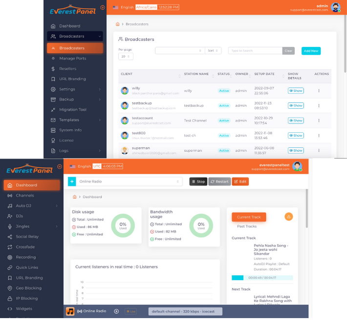 Manager Radio Everest Panel - Shoutcast et Icecast Streaming